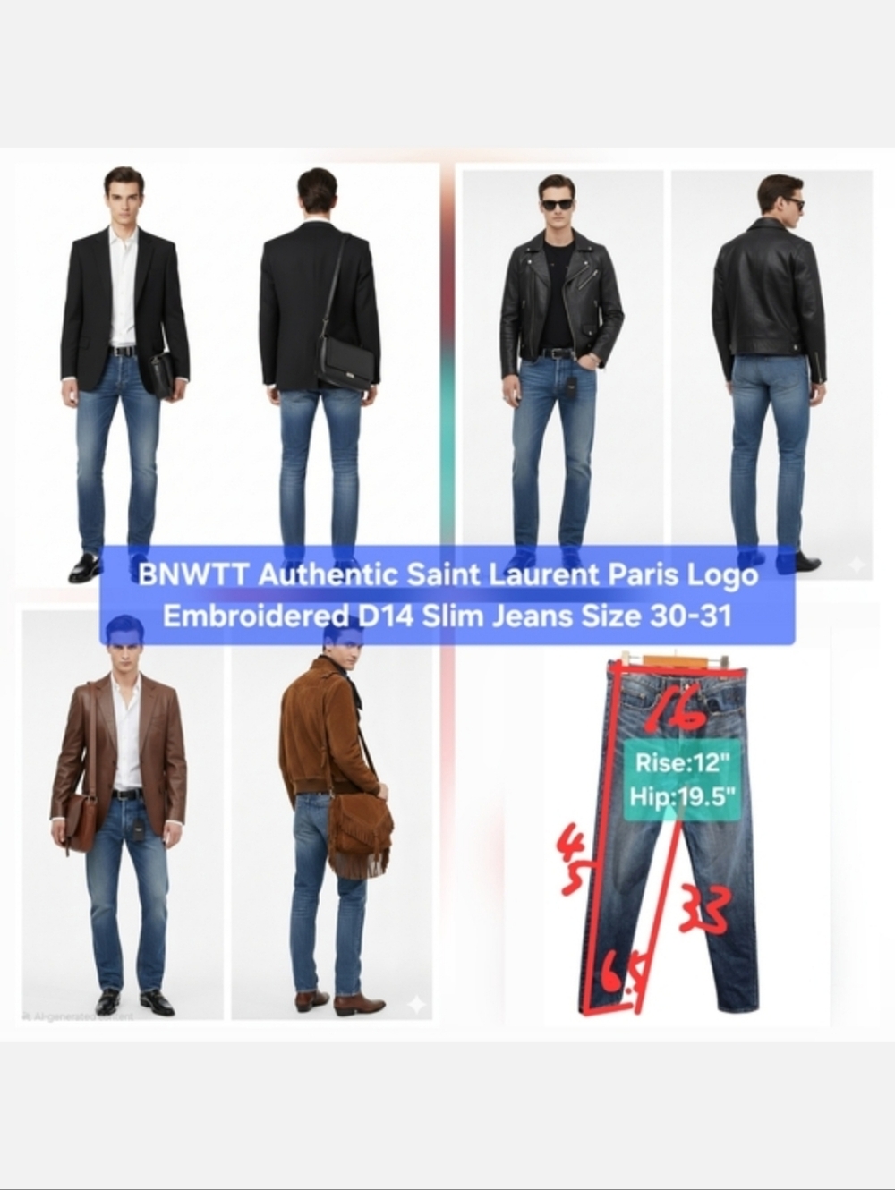 BNWTT Authentic Saint Laurent Paris Logo Embroidered D14 Slim Jeans Size 30-31